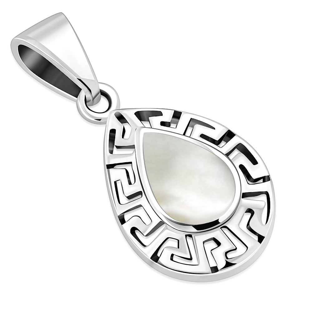 Mother of Pearl Drop Greek Key Silver Pendant