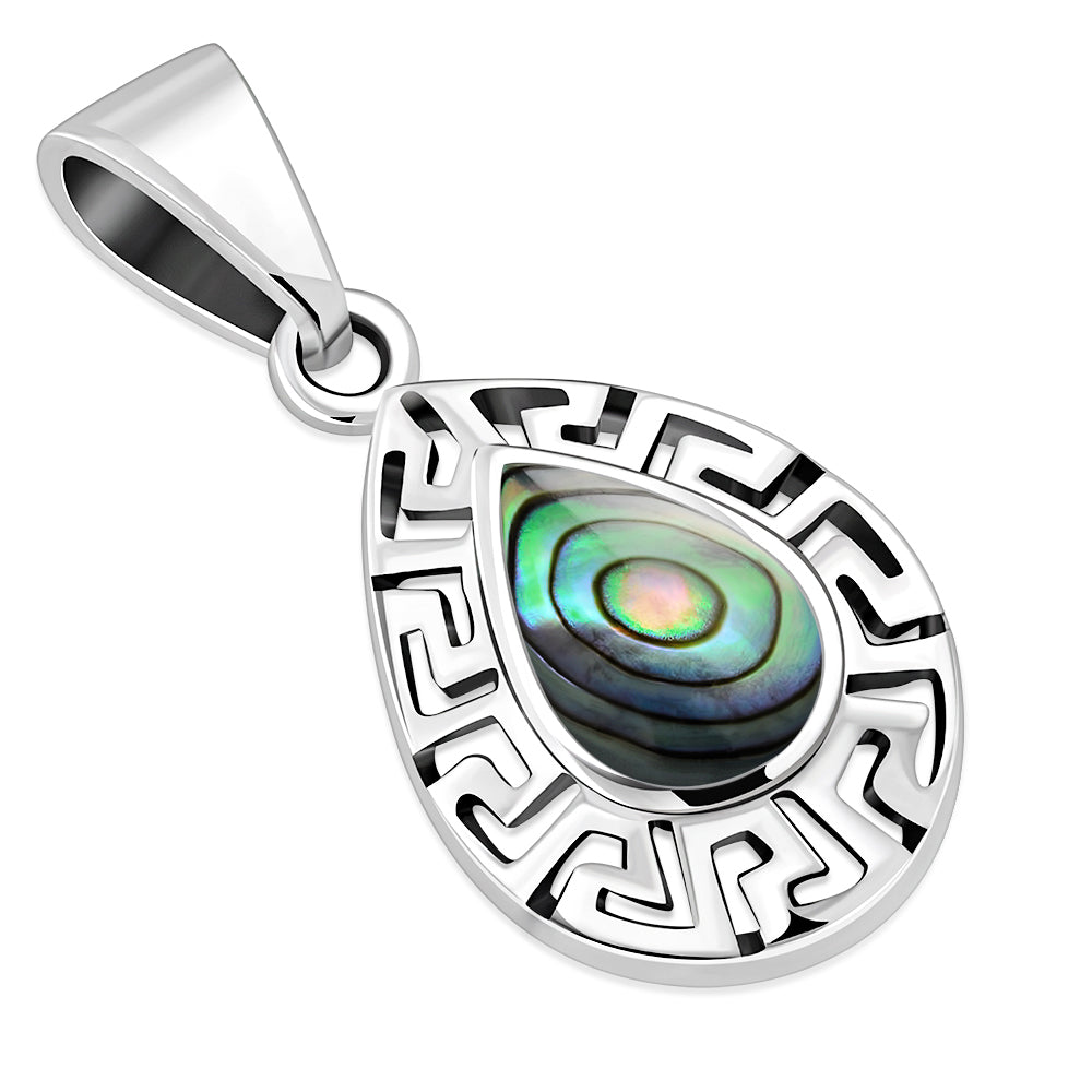 Abalone Shell Drop Greek Key Silver Pendant