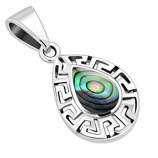 Abalone Shell Drop Greek Key Silver Pendant