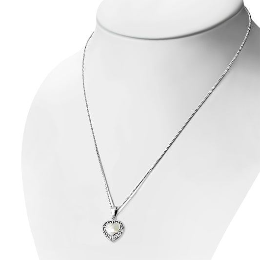 Mother of Pearl Heart Greek Key Silver Pendant