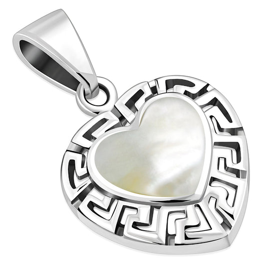 Mother of Pearl Heart Greek Key Silver Pendant