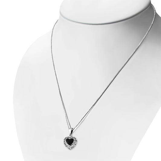 Black Onyx Heart Greek Key Silver Pendant