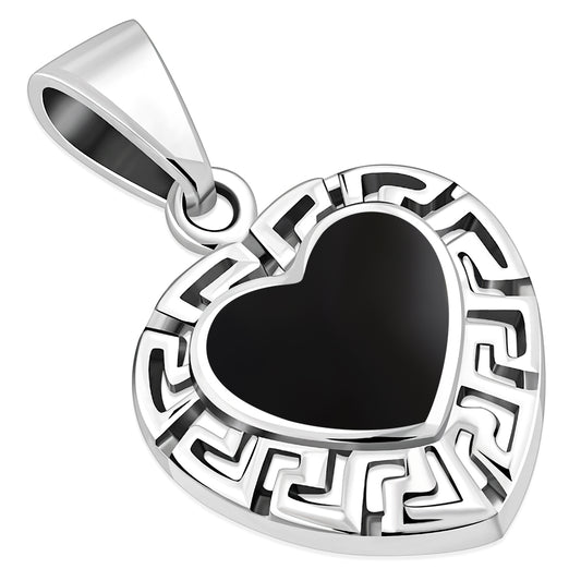 Black Onyx Heart Greek Key Silver Pendant