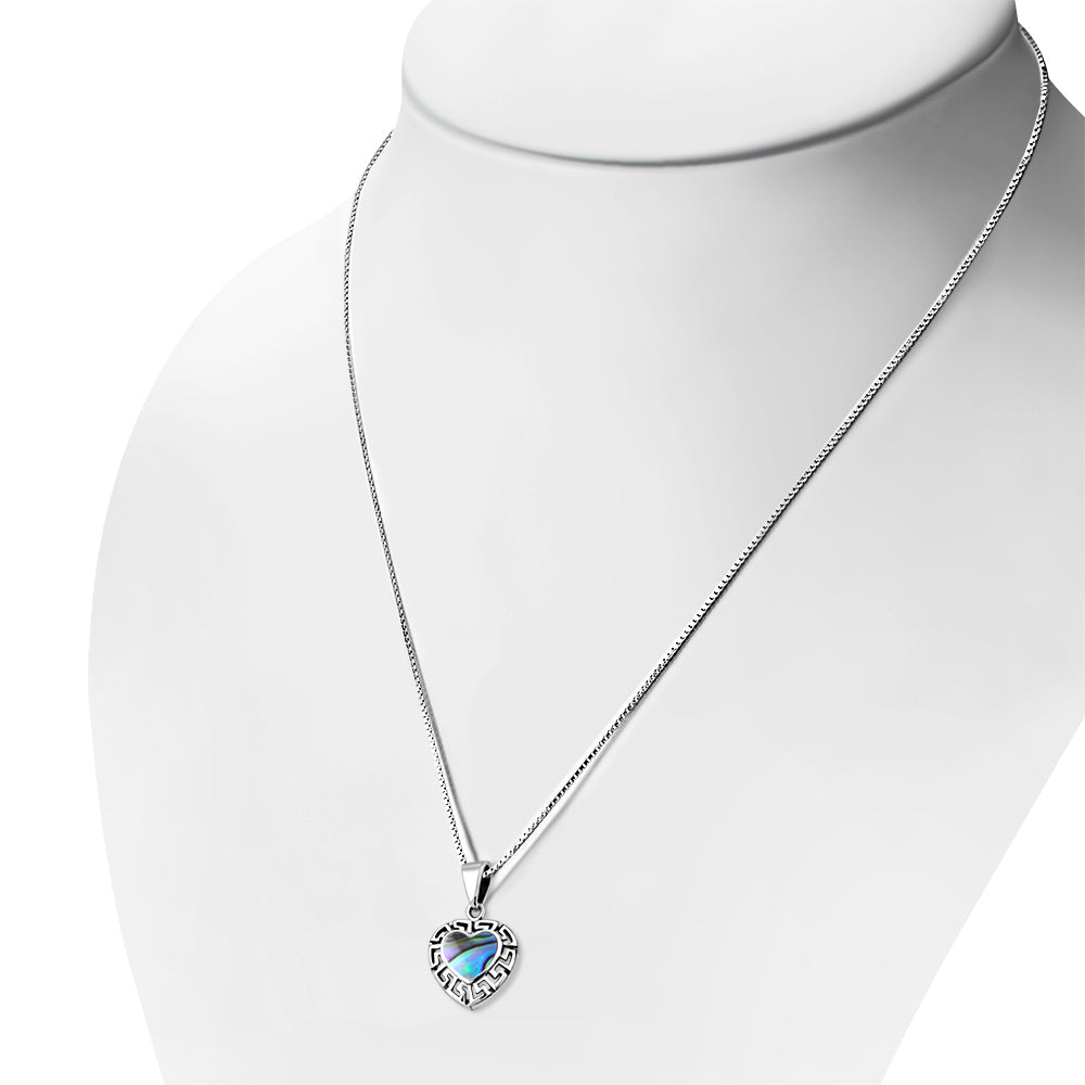 Abalone Shell Heart Greek Key Silver Pendant