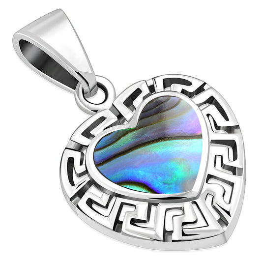Abalone Shell Heart Greek Key Silver Pendant