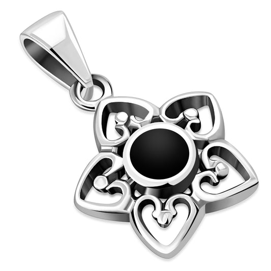 Black Onyx Petal Hearts Silver Pendant