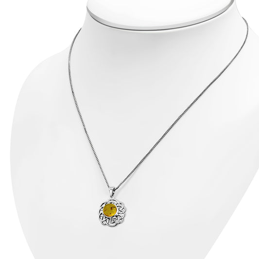 Round Celtic Knot Silver Pendant set w/ Baltic Amber