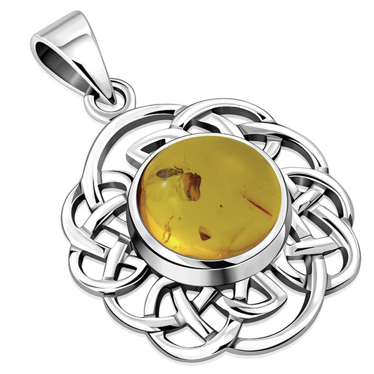 Round Celtic Knot Silver Pendant set w/ Baltic Amber