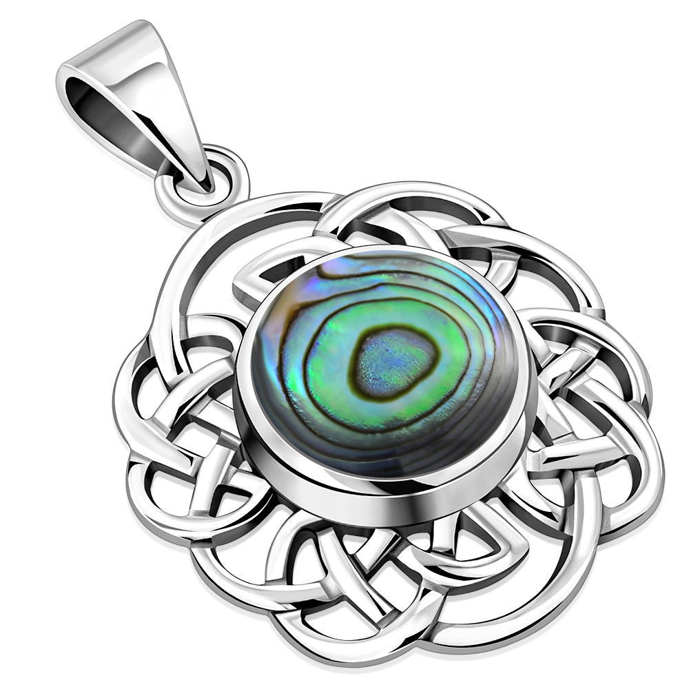 Round Celtic Knot Silver Pendant set w/ Abalone Shell