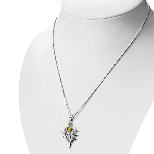 Large Scottish Thistle Silver Pendant w/ Citrine Stone