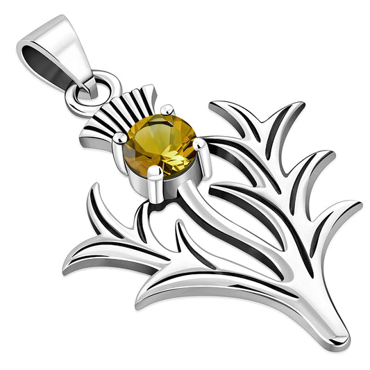 Large Scottish Thistle Silver Pendant w/ Citrine Stone