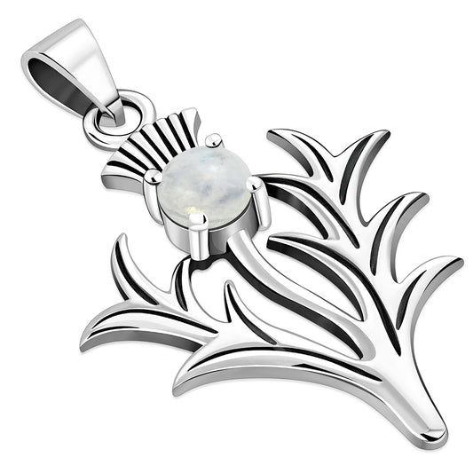 Large Scottish Thistle Silver Pendant w/ Rainbow Moonstone