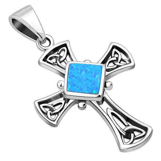 Synthetic Azure Blue Opal Celtic Irish Trinity Knot Cross Silver Pendant