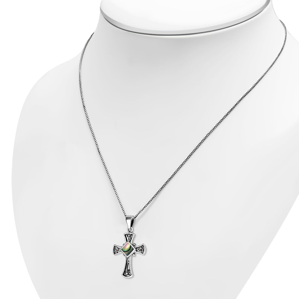 Abalone Shell Celtic Irish Trinity Knot Cross Silver Pendant