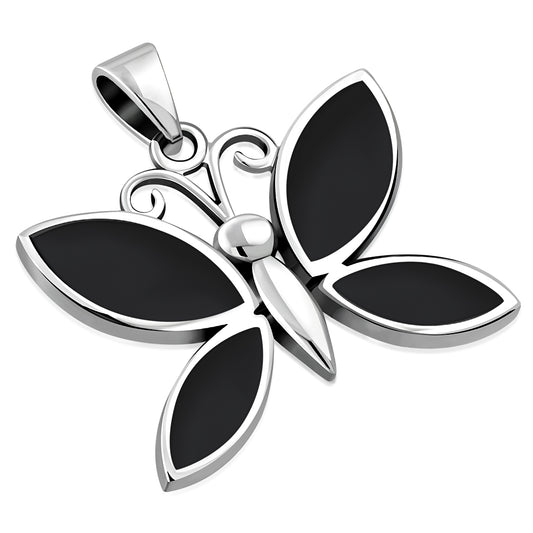 Black Onyx Butterfly Silver Pendant
