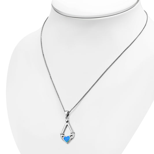 Synthetic Azure Blue Opal Irish Claddagh Silver Pendant