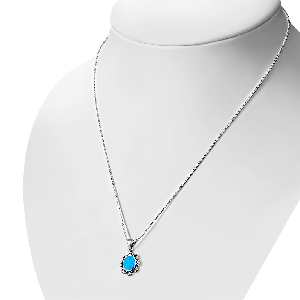 Synthetic Azure Blue Opal Sterling Silver Ethnic Oval Pendant