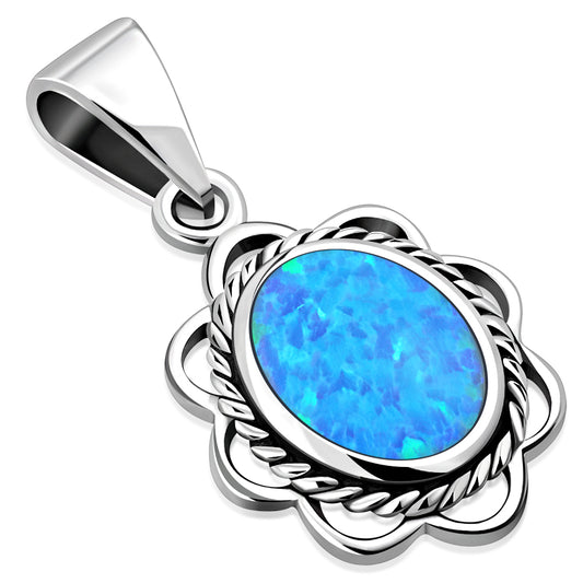 Synthetic Azure Blue Opal Sterling Silver Ethnic Oval Pendant