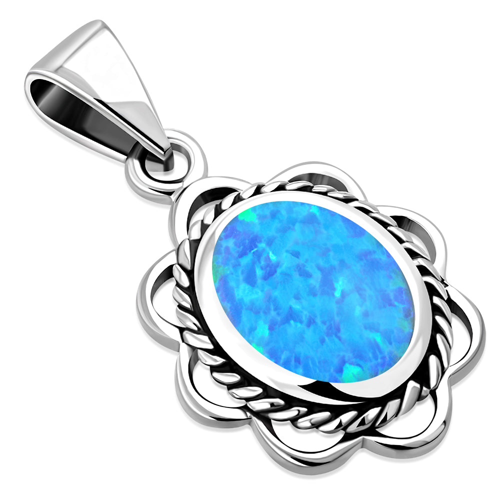 Synthetic Azure Blue Opal Sterling Silver Ethnic Oval Pendant