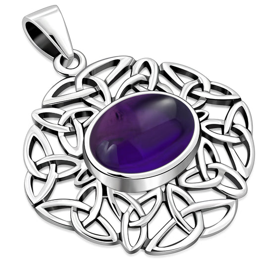 Amethyst Oval Celtic Knot Silver Pendant