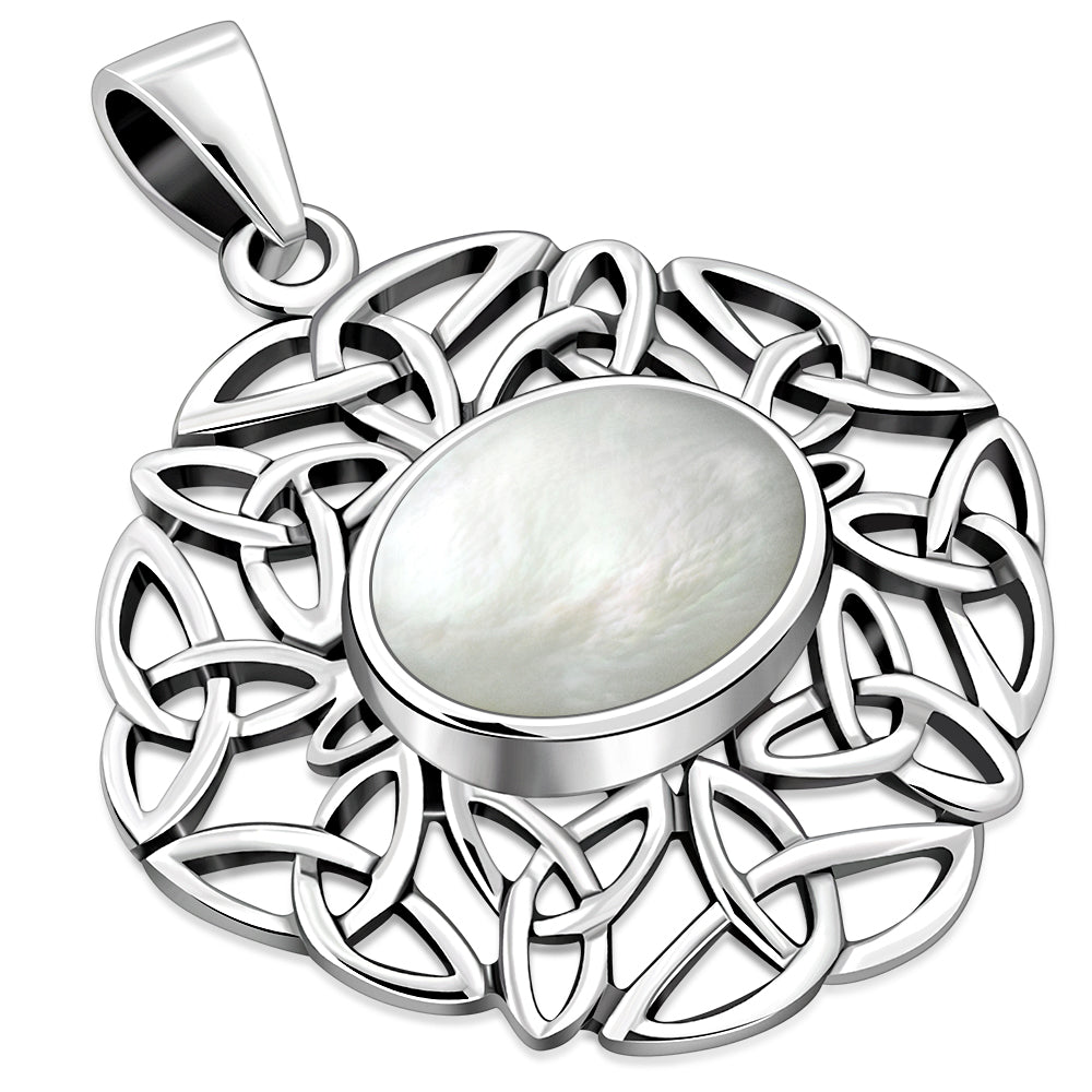 Mother Of Pearl Shell Oval Celtic Knot Silver Pendant