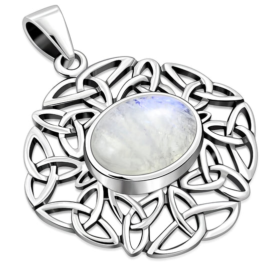 Rainbow Moonstone Oval Celtic Knot Silver Pendant