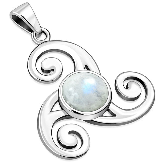 Rainbow Moonstone Triskele Triple Spiral Celtic Silver Pendant