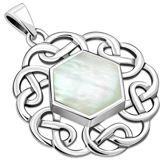 Mother Of Pearl Shell Round Celtic Knot Silver Pendant