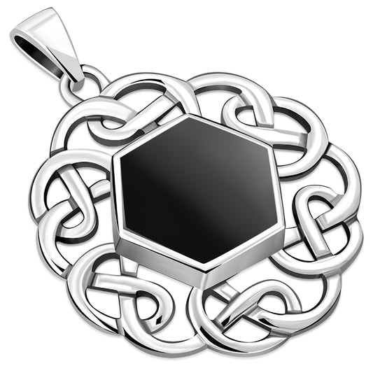 Black Onyx Round Celtic Knot Silver Pendant