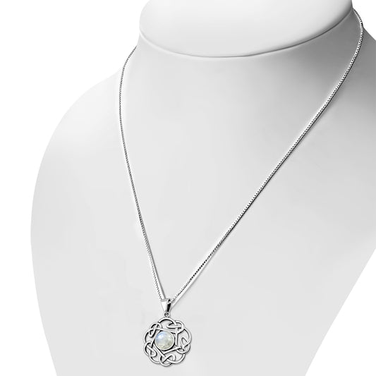 Rainbow Moonstone Round Celtic Knot Silver Pendant
