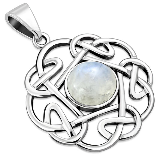 Rainbow Moonstone Round Celtic Knot Silver Pendant