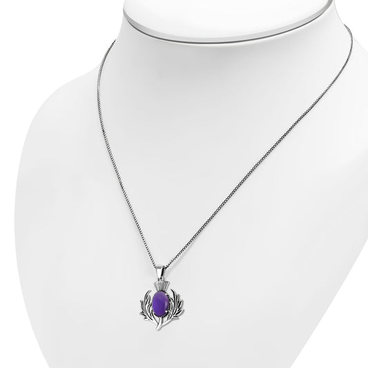 Amethyst Stone Thistle Silver Pendant