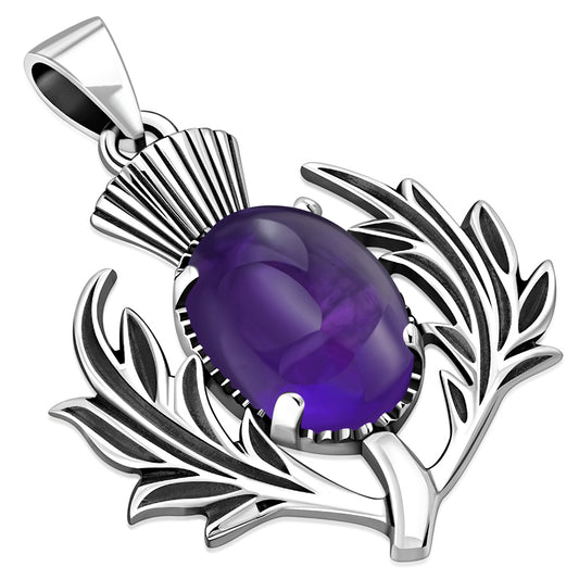 Amethyst Stone Thistle Silver Pendant