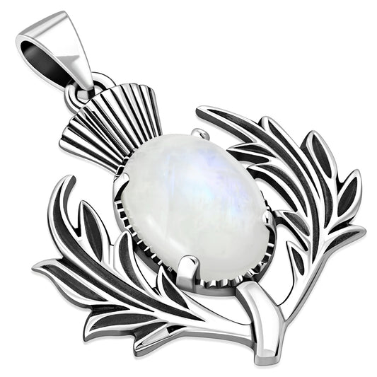 Rainbow Moonstone Thistle Silver Pendant