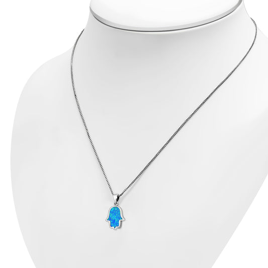 Synthetic Blue Opal Hamsa Silver Pendant
