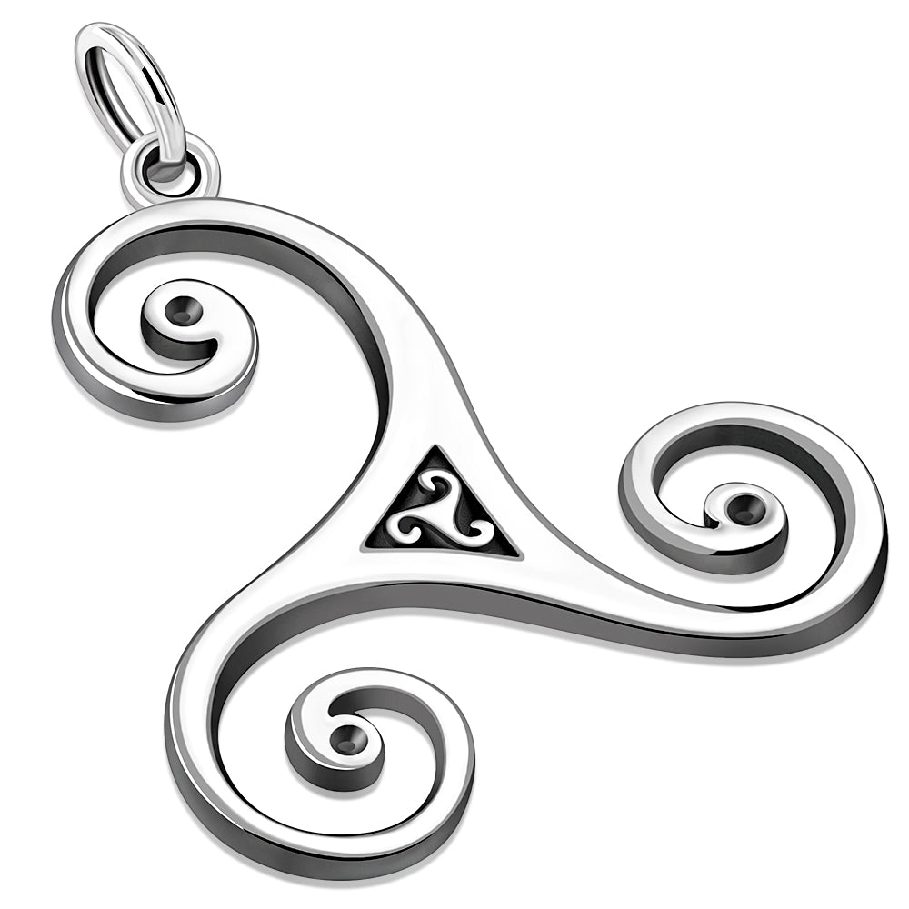 Large Celtic Triskele Triple Spiral Silver Pendant
