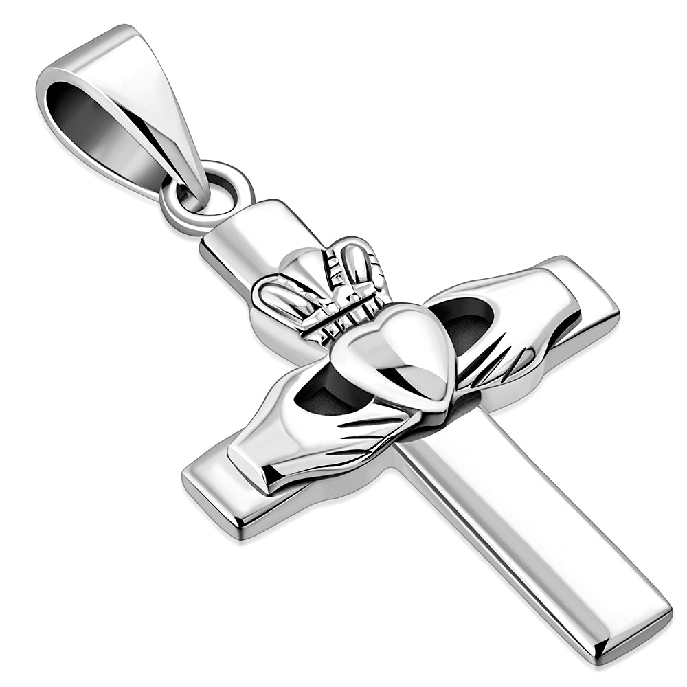 Solid Silver Claddagh & Cross Pendant