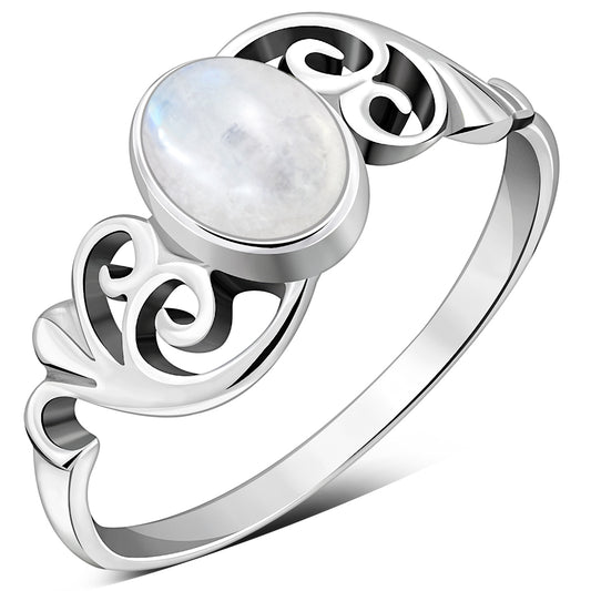 Om Rainbow Moonstone Sterling Silver Ring