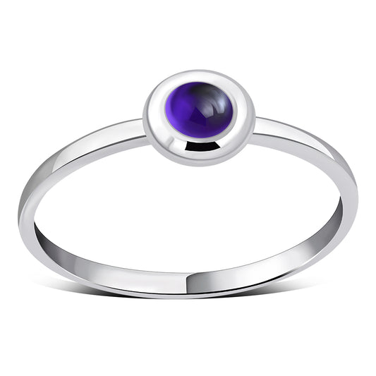 Simple Round Amethyst Stone cab Silver Ring