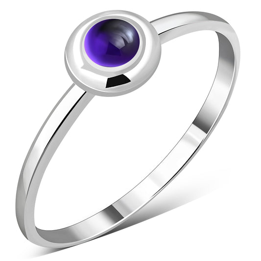 Simple Round Amethyst Stone cab Silver Ring