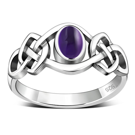 Amethyst Stone Cabochon Celtic Knot Silver Ring