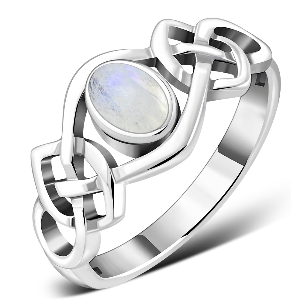 Rainbow Moonstone Celtic Silver Ring