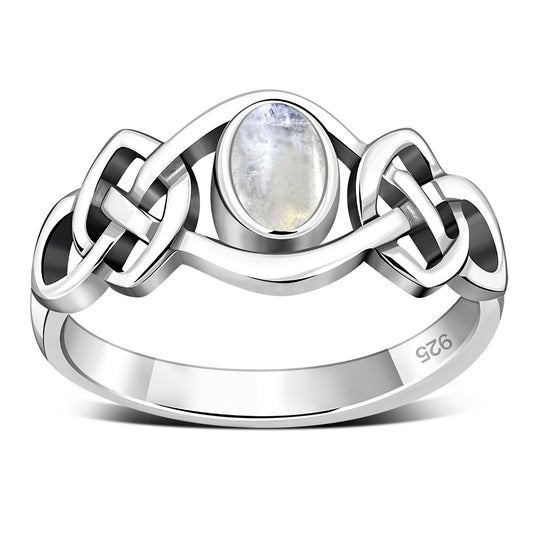 Rainbow Moonstone Celtic Silver Ring