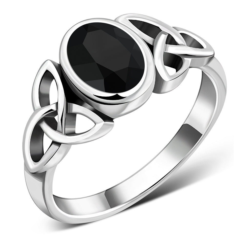 Celtic Trinity Knot Faceted Black Onyx Stone Silver Ring
