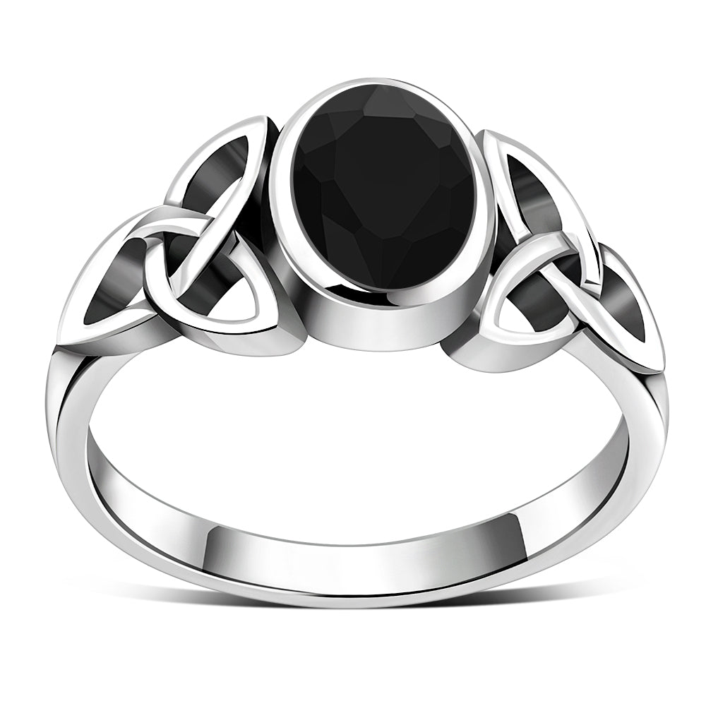 Celtic Trinity Knot Faceted Black Onyx Stone Silver Ring