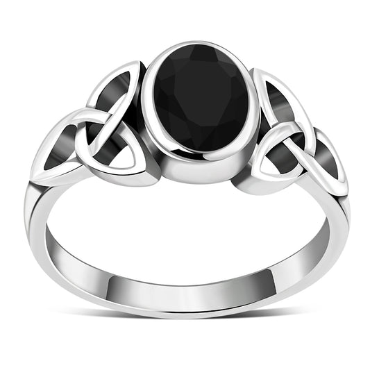 Celtic Trinity Knot Faceted Black Onyx Stone Silver Ring