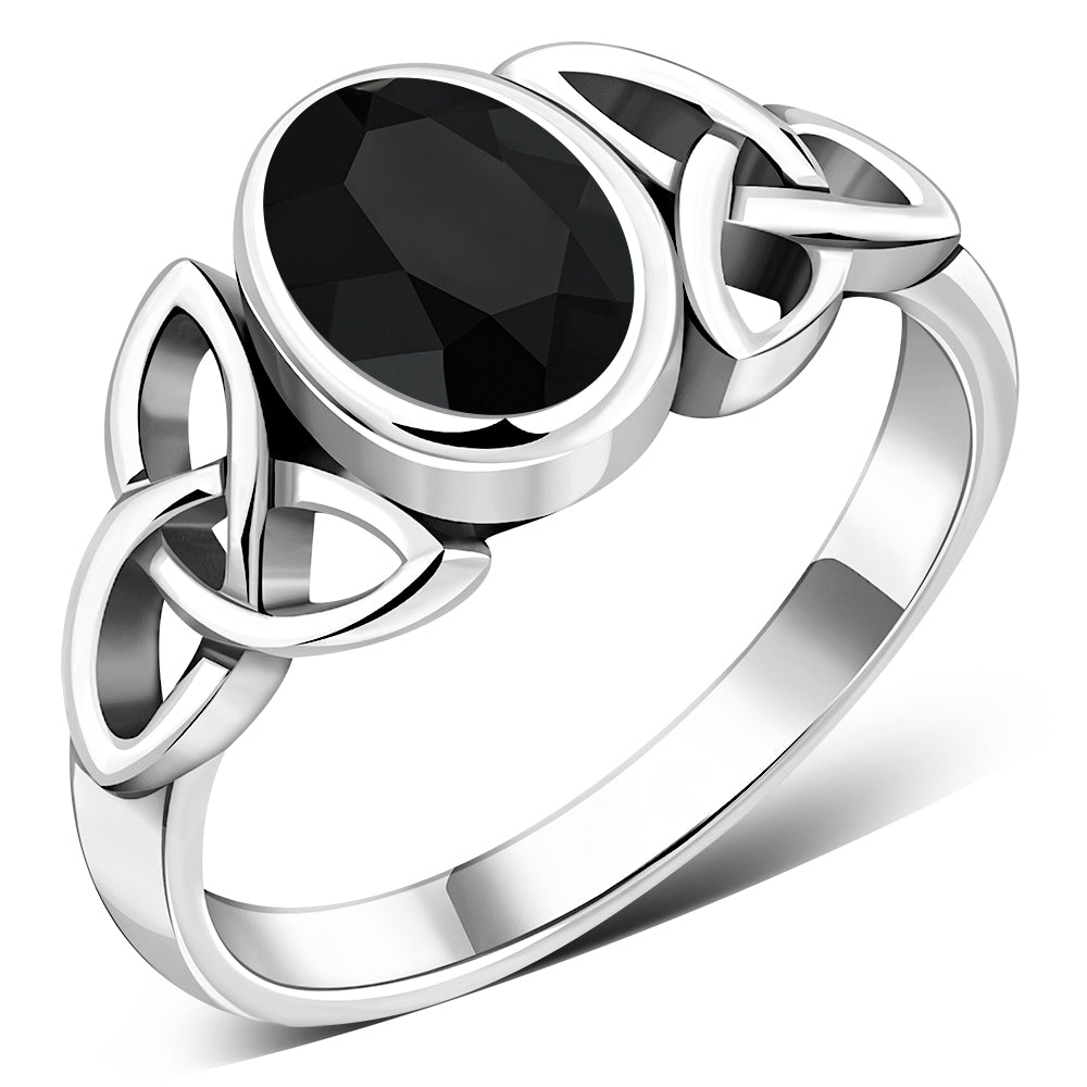 Celtic Trinity Knot Faceted Black Onyx Stone Silver Ring