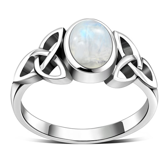 Celtic Trinity Knot Rainbow Moonstone Silver Ring