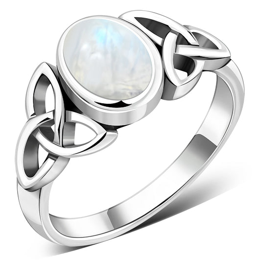 Celtic Trinity Knot Rainbow Moonstone Silver Ring