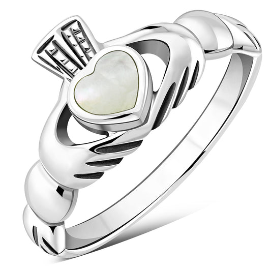 Mother of Pearl Irish Claddagh Silver Ring